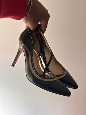 Black Leather Studded Pointed Toe Heels